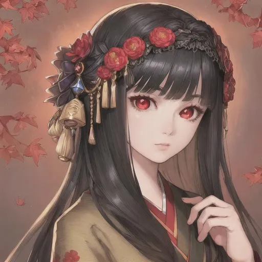 Prompt: masterpiece, illustration, best quality:1.2), 1girl, solo, black hair, cute, finely detailed, detailed face, toned face, beautiful detailed eyes, beautiful detailed shading, beautifully detailed background, red eyes, fallen leaf, autumn, red kimono, flower hair ornament