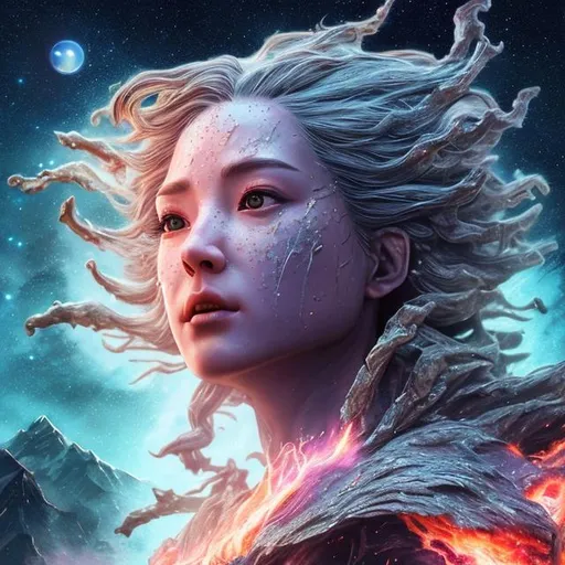 Prompt: (extremely detailed) (hyper realistic) (sharp detailed) (cinematic shot) (masterpiece)female god, extremely face detailed, supernova explosion,  centered,selfie pose, fullbody view, moonlight,  extraordinary shot, night sky, mountains, river, stars, nebula ,clouds, stunning beauty, 2D illustration, high resolution, reflactions.