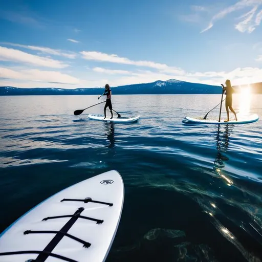 Prompt: Create an image of someone paddle 
boarding on Lake Tahoe 