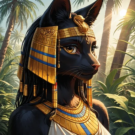 Prompt: Egyptian Goddess Bastet, furry style cat-like faced demi-human form, as a dark-black skinned Egyptian woman, graceful pose, adorned in traditional garments, jeweled accessories, golden accents, reflective of ancient Egypt, lush background with palm trees, warm sunlight casting soft shadows, serene and empowering ambiance, intricate details, high quality, ultra-detailed, cinematic vibrancy.