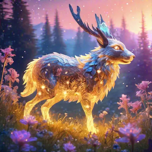 Prompt: A fantasy translucent wolpertinger that is glowing, in a meadow clearing surrounded by flowers, sunrise, beneath the stars, bioluminescent, highres, best quality, concept art