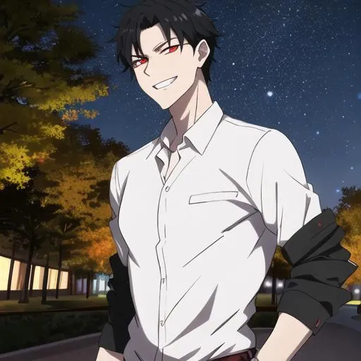 Prompt: Damien (male, short black hair, red eyes) in the park at night, grinning sadistically, casual outfit, dark out, nighttime