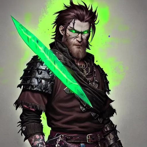 Prompt: digital art, sinister viking man, 18 year old, chaotic evil, black short messy hair, no facial hair, neon green bandana around the neck, dark brown eyes with green highlights, dark brown long-sleeve shirt, pants, leather armor, two daggers, dozen throwing knives