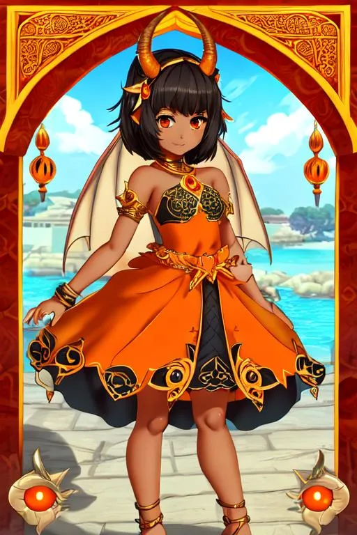 Prompt: full body anime, Arabic type female child character, dark tan skin, has a orange dragon tale, has orange dragon eyes, two curved horns on the side of her head, wears a short tan dress and sandals,