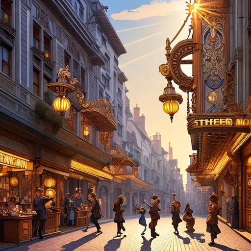 Prompt: Theater stage set under early sun light in an European city street  3 actors livingly playing, focus, detailed, , paper cut, happy, art nouveau