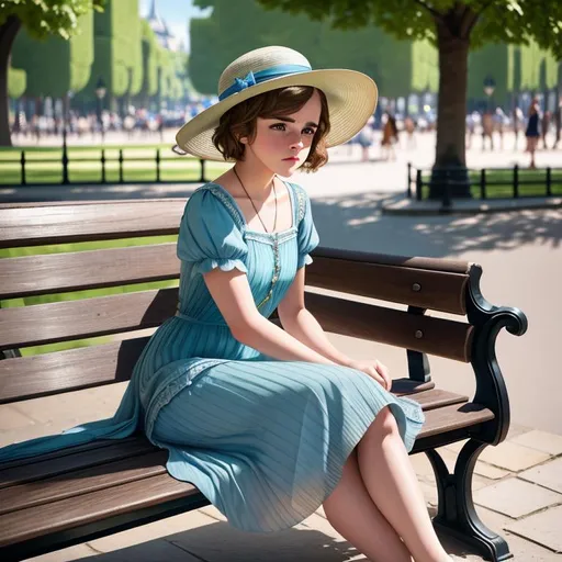 Prompt: old time photo of young emma Watson, dressed with 1920s very short hair, wearing a summer hat, long, flowing, blue spring dress, sitting on a park bench in Paris, France, raw photo, photorealistic, High Detail, dramatic, UHD, HDR raw photo, realistic, sharp focus, 8K high definition, insanely detailed, intricate, high quality, 