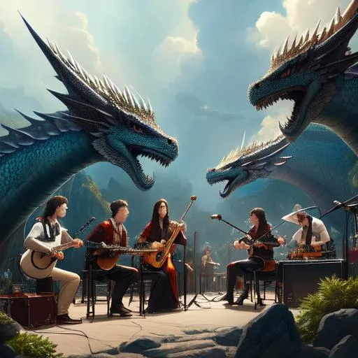 Prompt: A group of dragons playing music in a band, cute face, perfect composition, hyperrealistic, super detailed, 8k, high quality, trending art, trending on artstation, sharp focus, studio photo, intricate details, highly detailed, by greg rutkowski, illustration, watercolor