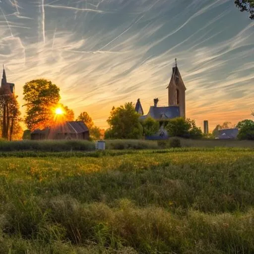 Prompt: A 21 century village with medieval buildings surrounded by trees and shrubs. Next to the village is a cornfield. sun is coming up on the horizon. photorealistic