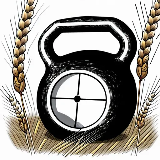 Prompt: Draw a kettlebell with in the centre a hourglas beside some wheat, with a scythe. in a stioc perception
