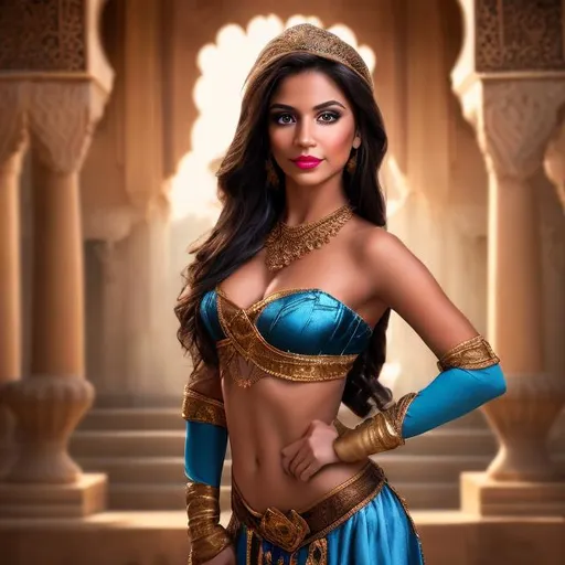 Prompt: professional photo disney jasmine as live action human woman hd hyper realistic beautiful arabian princess black hair olive skin brown eyes beautiful face blue harem outfit enchanting
arabian palace hd background with live action realistic tiger