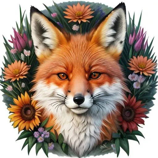 Prompt: A tattoo design of a realistic fox surounded by flowers