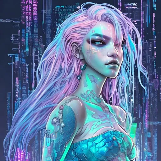 Prompt: cyberpunk mermaid pastel colors in the style of kim jung ji copic markers texture


