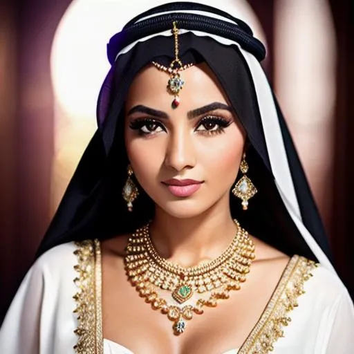 Prompt: "there's only one who paid the price for you", very beautiful young woman, Arabian religious jewelry, city background, shiny pearls, 35mm lens, F4.5, fill flash, studio lighting