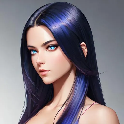 Woman with long straight dark hair, blue eyes, pret... | OpenArt