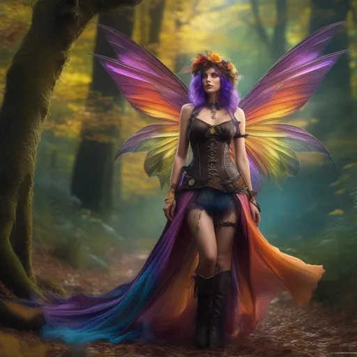 Prompt: Epic. Cinematic. Shes a (colorful), Steam Punk, gothic, witch. spectacular, Winged fairy, with a skimpy, (colorful), gossamer, flowing outfit, standing in a forest by a village. ((Wide angle)). Detailed Illustration. 8k.  Full body in shot. Hyper real painting. Photo real. An (extremely beautiful), shapely, woman with, ((anatomically real hands)), and (vivid), colorful bright eyes. A (pristine) Halloween night. (Concept style art). 