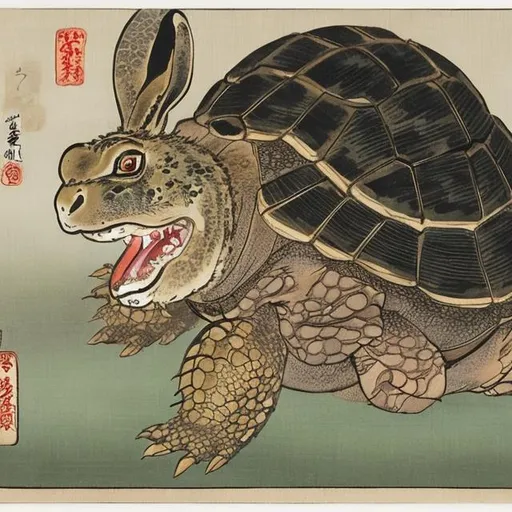 Prompt: "Hare vs the Tortoise as Yōkai, Japanese painting, 1800"