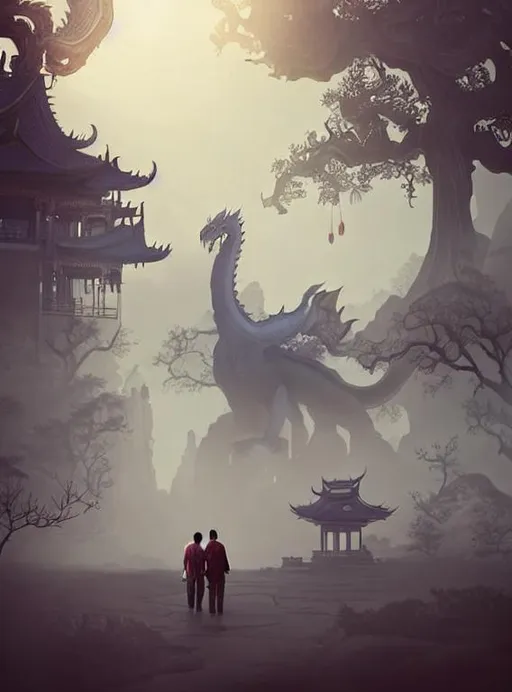 Prompt: misty fantasy town, athmospheric, plants, high towers, asian vibes, rocky, futuristic, dramatic lighting, man with white dragon looking blue backlit, dragon's mane glowing white, red chinese lanterns asian architecture. dragon and man walking away from camera. asian architecture and gnarly old bonsay looking trees. dragon has the body of a snake, four legs, two wings and a long neck. dragon's mane glowing white, man's hair with cowlick. man in long black coat. dragon is man's mount / steed, lots of red chinese lanterns and asian architecture