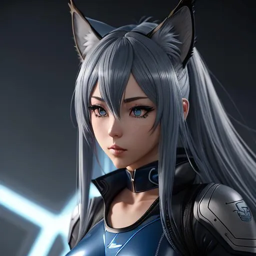 Prompt: An anime girl, (lynx ears )that are (grey),blue leotard latex outfit,long ({dark blue} hair)(midnight blue hair)(fringeless), feeling apathy, concept art, high resolution scan, hd octane render, intricate detailed, highly detailed face, unreal engine, trending on artstation, UHD, 8k, Very detailed, (standing on top of a high building), sad, loneliness, full body pose, she has long ({dark blue} hair)(midnight blue hair)(fringeless), pale skin, ([grey eyes] with cat-like iris), (lynx ears )that are (grey), and blue latex leotard outfit, intricate facial detail, intricate eye detail, intricate details,  hyperrealistic full body pose, hyperrealistic ethereal, dark blue and long hair, white lynx ears, sharp jaw, hyperrealistic golden cat eyes , hyperrealistic human nose, hyperrealistic lips, ethereal, divine, hyperrealistic face, hyperrealistic pale skin, intricate eye detail, pale skin, (dark blue latex outfit), fringeless, (forehead showing), highly detailed concept art,  , hd octane, intricate quality, HD, trending on artstation, fringeless, forehead showing ,highly detailed concept art, high resolution scan, hd octane render, intricate detailed, highly detailed face, unreal engine, trending on artstation, UHD, 8k, Very detailed