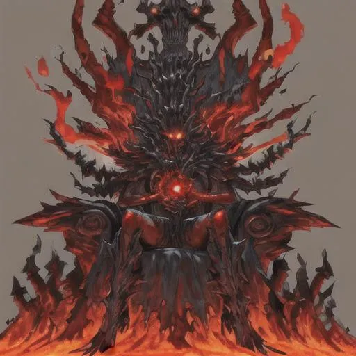 Prompt: Demon sitting atop a throne of bones and skulls, holding a skull, glowing red eyes, menacing, hellish environment, fire, lava