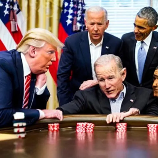 Prompt: Donald Trump, George W. Bush, Barrack Obama, Joe Biden, Walter White, and Jesse Pinkman sitting at a table and playing poker