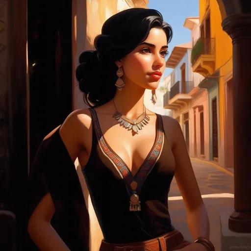 Prompt: Third person, gameplay, Cuban girl, pale skin, black hair, brown eyes, Habana Vieja, warm atmosphere, cartoony style, extremely detailed painting by Greg Rutkowski and by Henry Justice Ford and by Steve Henderson 

