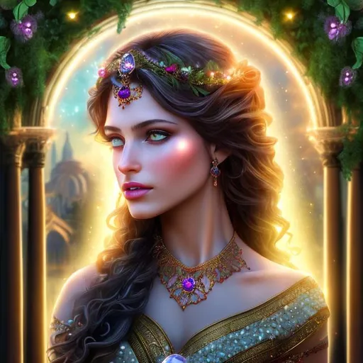 Prompt: HD 4k 3D 8k professional modeling photo hyper realistic beautiful woman ethereal greek goddess of the truth
rust colored hair in curls blue eyes gorgeous face olive skin shimmering dress with gems jewelry laurel headpiece full body surrounded by magical glowing  light hd landscape background religious temple with fountain and hanging ivy and flowers candles stained glass