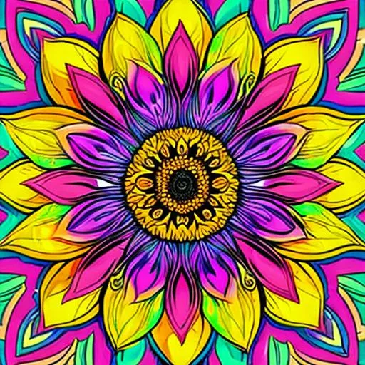 Prompt: Lisa Frank style illustration of sunflower psychedelic, detailed , outlines