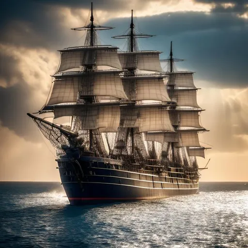 Prompt: cinematic lighting, the rippling sea water is made of sand, hyper-realistic 4-masted battleship from the 18th century side view, numerous guns, volleys, smoke cloud, beautiful sails raised, 8K