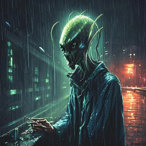 Prompt: It's a rainy day. An alien under a bridge smoking a cigarette. He is wearing a coat and a pointy cap. 
 Dynamic lighting, hyperdetailed, complementary colours