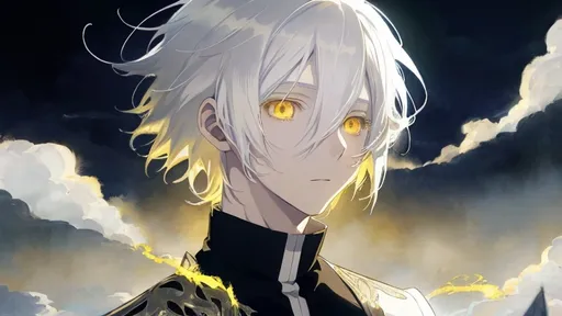 Prompt: Anime illustration of a emotionless boy with white hair, flinging strands, yellow eyes, childlike appearance, cool-toned color palette, detailed features, anime, emotionless, white hair, yellow eyes, childlike, cool tones, detailed, atmospheric lighting