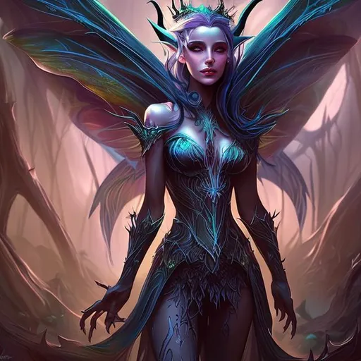 Prompt: A fantasy image of a woman that is a majestic combination of a fairy. a symbiote and an elf. Fantasy. digital painting. creature design. epic style. vibrant colors. contrast lighting. impressive details.