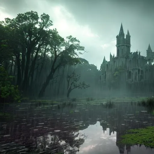 Prompt: D&d ruin in the swamp, rain, thunder, shadows, professional, render, Sharp focus, HD, UHD, HDR, hyperrealistic 