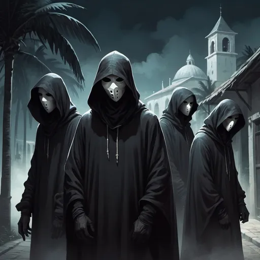 Prompt: Full body, Fantasy illustration of a 4 black hooded figures, faces hidden behind white masks, grim expression, ominous atmosphere, high quality, rpg-fantasy, detailed, midnight, tropical french colonial town background