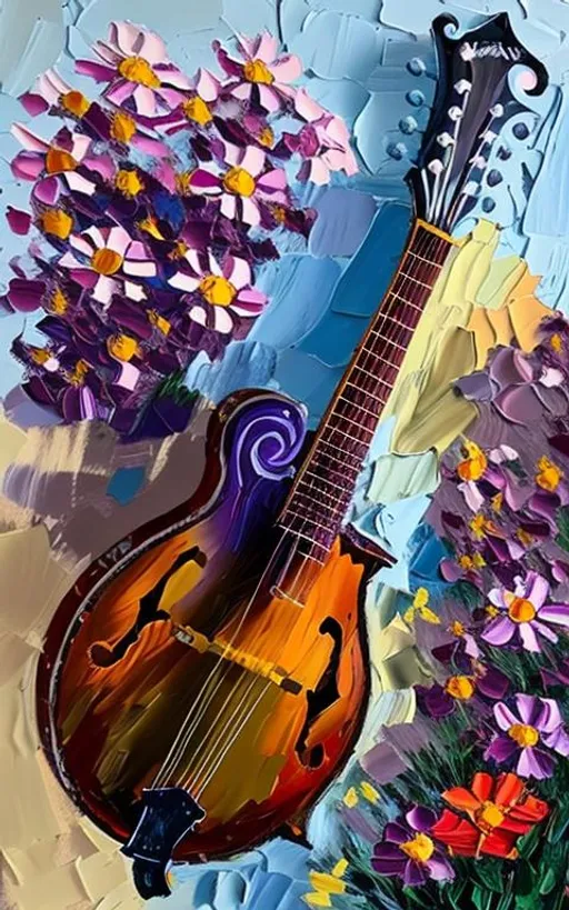 Prompt: palette knife painting of a F style mandolin surrounded by wildflowers  in rustic desaturated colors
