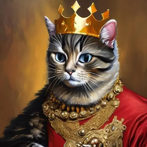 Prompt: An oil painting of a cat dressed as a king