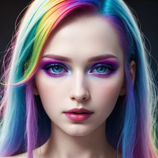 Prompt: HDR, UHD, 64k, best quality, pale skin, rainbow hair, facial closeup, heavy makeup