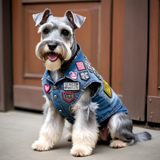 Prompt: Schnauzer wearing a heavy metal music denim vest with patches