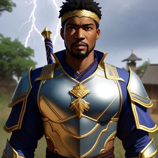 Prompt: african ronin, goatee, lightning, high detail, fatherly, detailed face, concept art, character art, gold headband, Jonathan Majors, thunder storm, 4k, electric blade, warrior, full torso, side lighting, rural village medieval, wolf ruin emblem