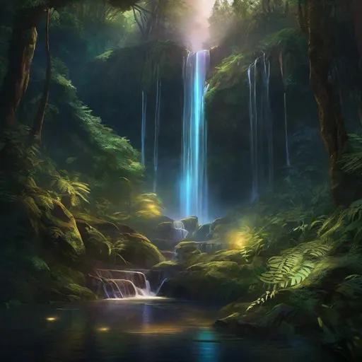 Prompt: Envision a glowing waterfall in a lush forest 