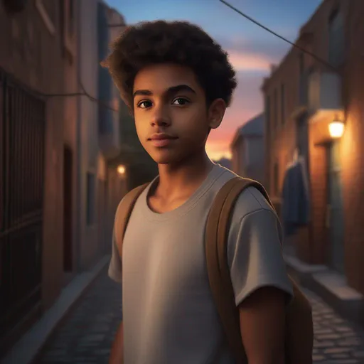 Prompt: Pinocchio nose, on brown skin person, small eyes, standing in an old neighborhood alley, sunset wether, 20 years old guy, wearing gray T shirt, photorealistic 