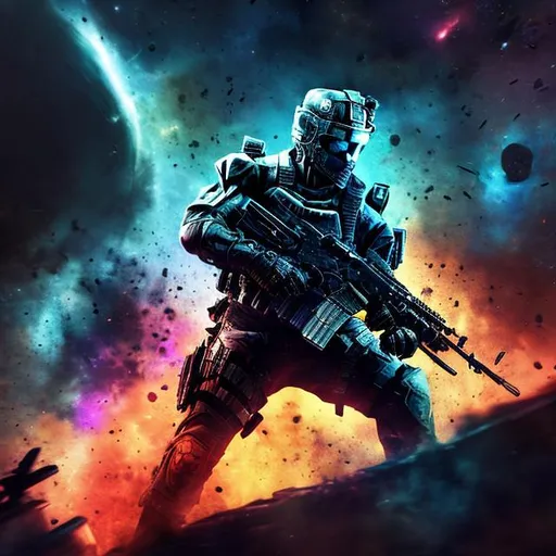 Prompt: call of duty black ops 2, space background filled with galaxies, nebulas, stars and blackholes, bright colors, planets, solar systems, vibrant colors, HD, 4K, professional brush work, detailed, cinematic shot, better 