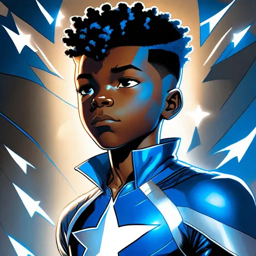 Prompt: Concept art of a thirteen-year old black teenage boy. He has African-American hair texture, a low black mohawk, and a short close-cropped fade haircut. He is wearing a blue-and-white superhero jumpsuit with a white star on chest. smooth soft skin, glowing blue eyes, soft lighting, detailed face, Marvel comics art. Comics art. 2d art. DC comics art. by David Nakayama. Well drawn face, detailed