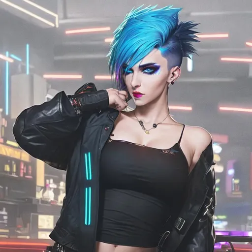 Prompt: beautiful pale cyberpunk female with heavy black eyeliner, black tube top, plaid skirt, blue eyes, shaved side haircut, hyper detail, cinematic lighting, neon hair,  neon bar and tables, couches, dark red light city