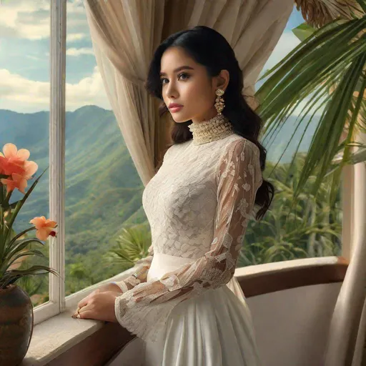 Prompt: RAW photo, pretty young Indonesian woman, 25 year old, (round face, almond-shaped brown eyes, small delicate nose, long wavy black hair), (long-sleeve high neck dress, mesh top, flower design), perfect hourglass figure,  dynamic pose, indoors by window, view of tropical mountains, masterpiece, intricate detail, photorealism, octane render, hyper-realistic, octane render, 16K, award-winning photograph, UHD, HDR