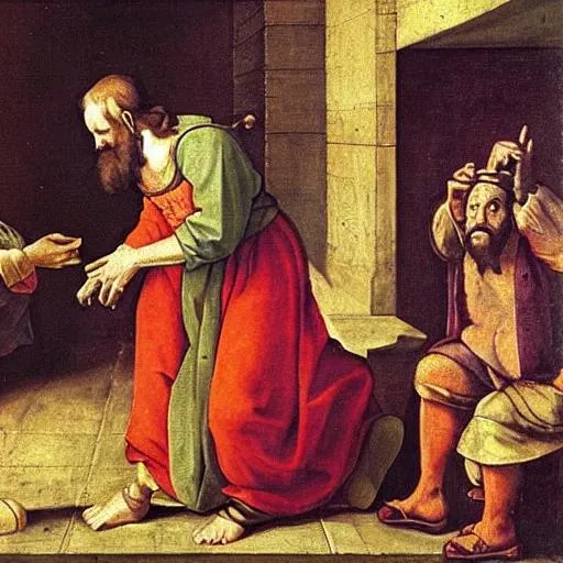 Prompt: renaissance painting of a beggar making a crook