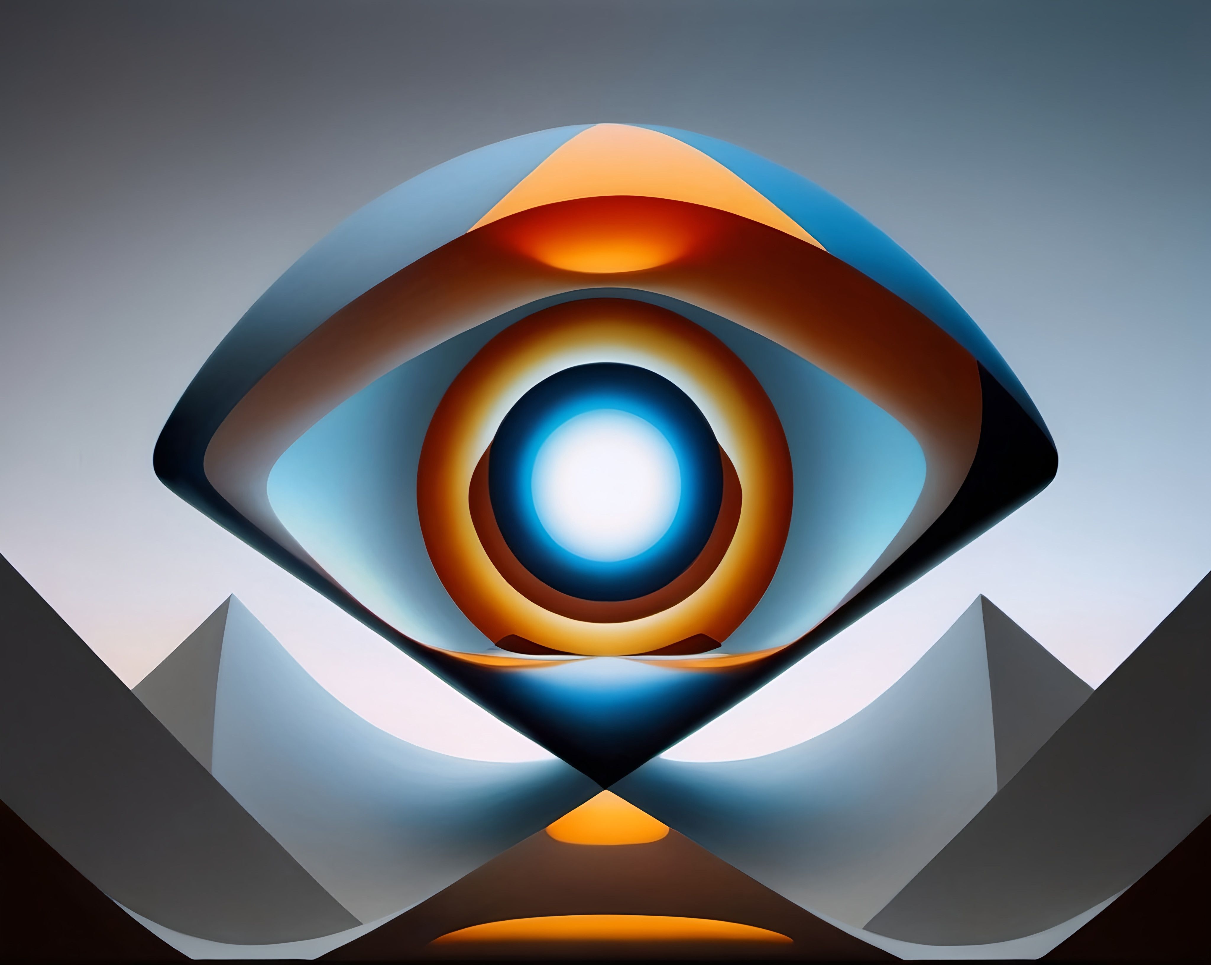 Prompt: a painting of a blue and orange eye in a mountain landscape with a white light coming from the center