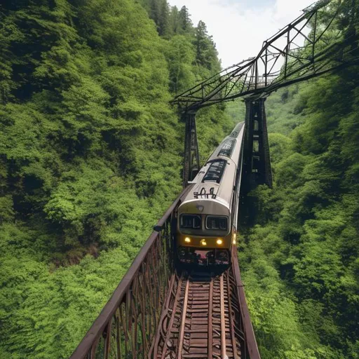 Prompt: A train on a bridge connected to a ravine with a river on the bottom