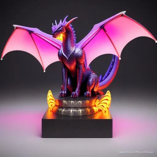 Prompt: Full body for a four-legged quadrupedal dragon statue, with bright neon highlights, very glossy and shiny, reflective, perfect composition, hyperrealistic, super detailed, 8k, high quality, trending art, trending on artstation, sharp focus, studio photo, intricate details, highly detailed, Trending on Artstation, Cozy wallpaper, Pastel colors, soft lighting