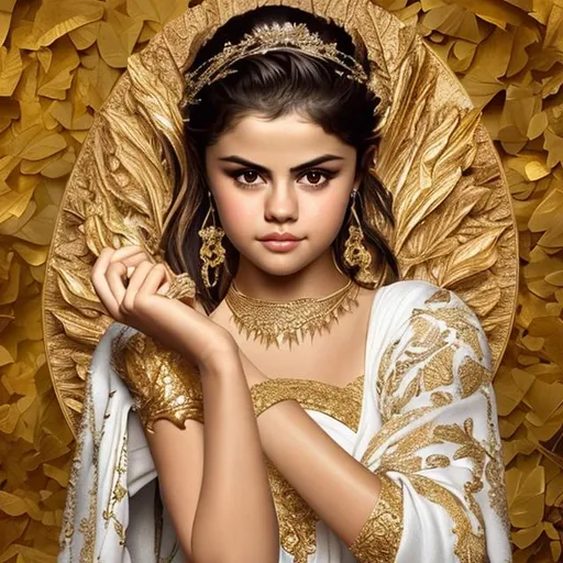 Prompt: selena gomez, beautiful face, detailed face, thin tall body, anorexic body, lean, queen, royalty, young, white toga, white gown, gold details, gold leaf crown, roman leaf