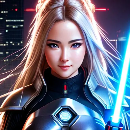 Prompt: UHD, hd , 8k,  anime, hyper realism, Very detailed, zoomed out view, futuristic cityscape, Star Wars, holding a lightsaber spear weapon, concept art, clear visible face, full character in view, clear visible face, Hyper realistic cartoon style of beautiful woman, happy face expression